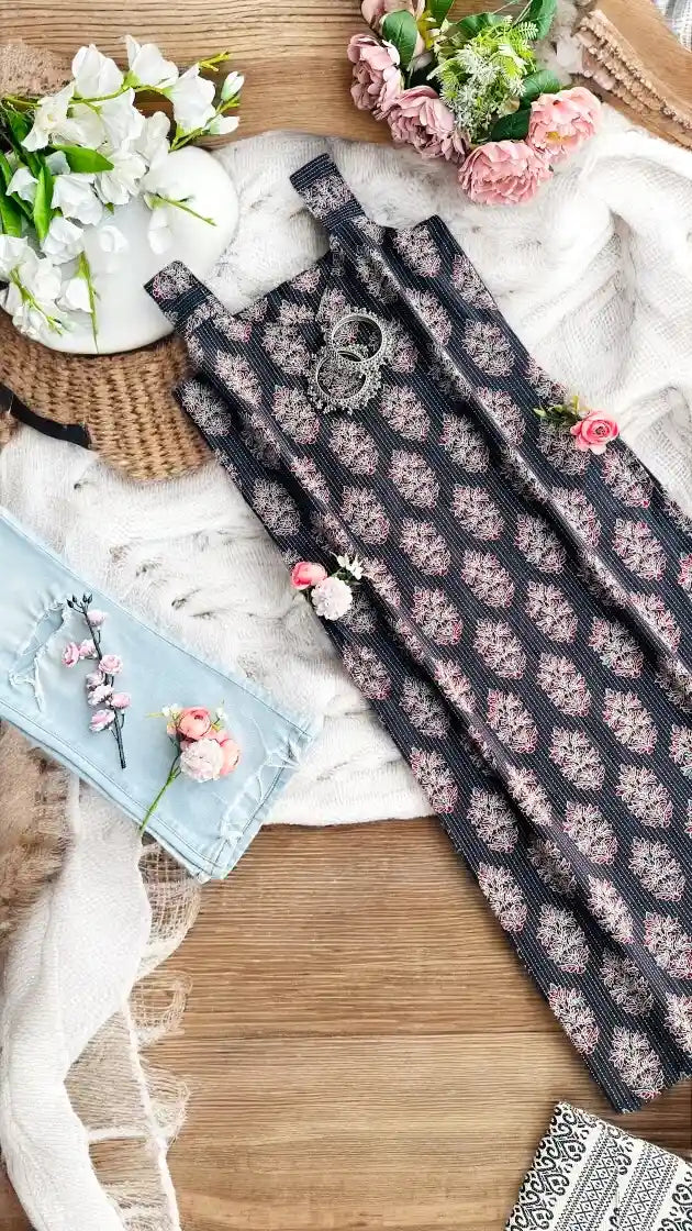 Midnight Bloom Block Jaipuri Kurta