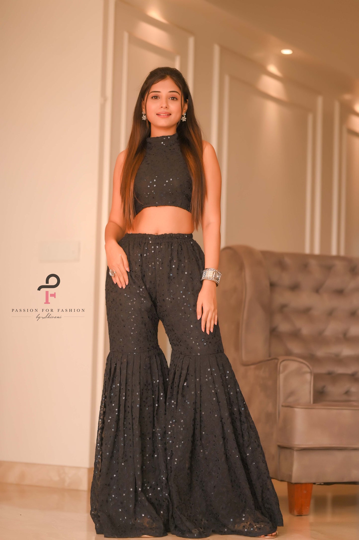 Midnight Leafy Black Sharara Set