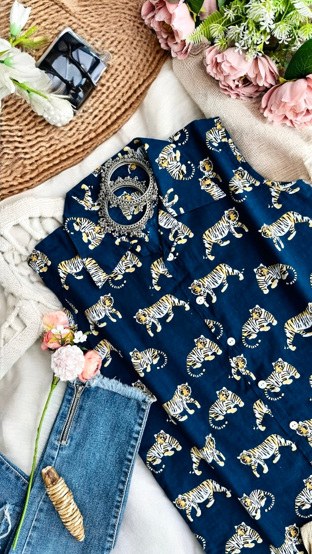 Blue Tiger Cute Collar Shirt
