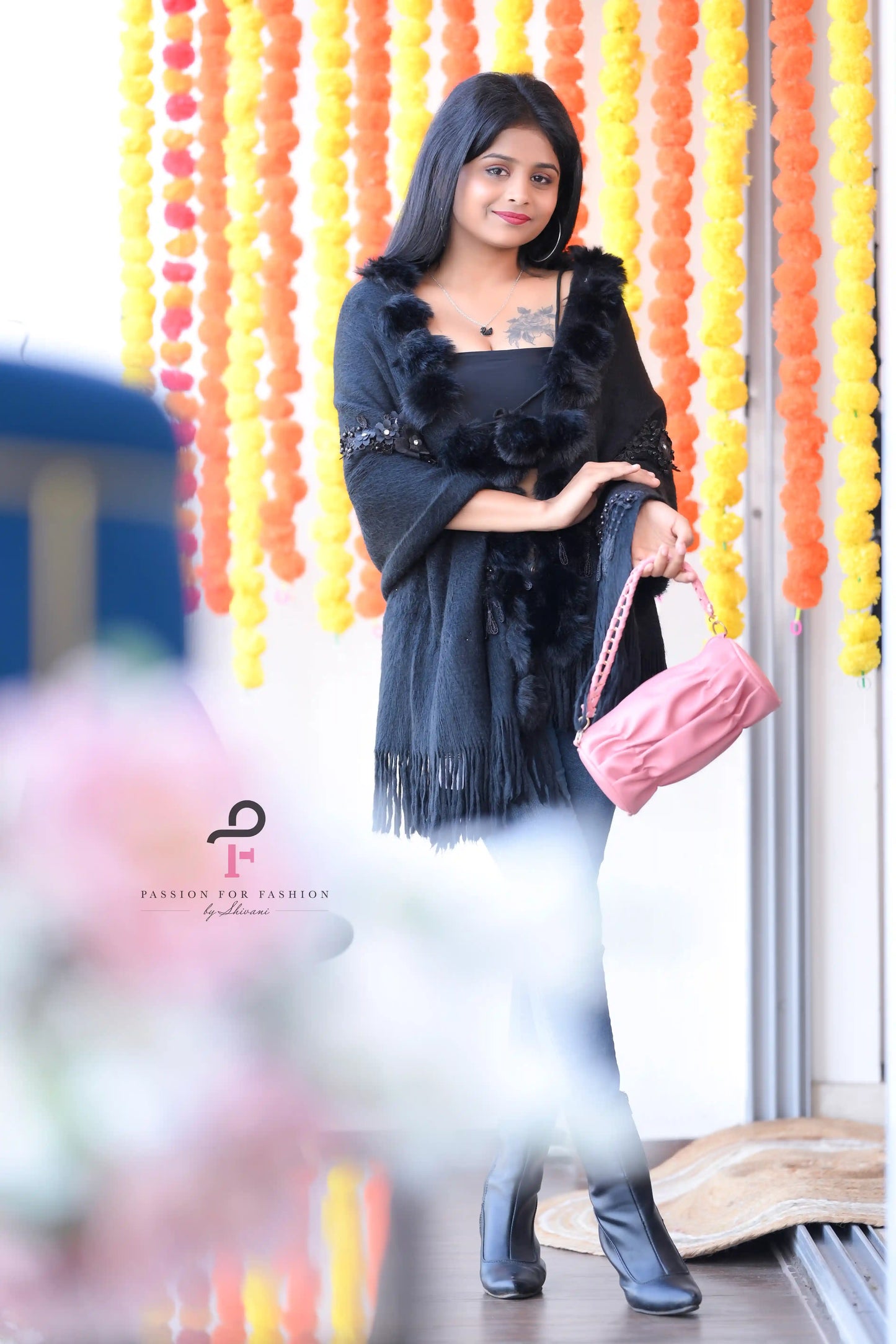 Black Fur Pom Pom Shrug