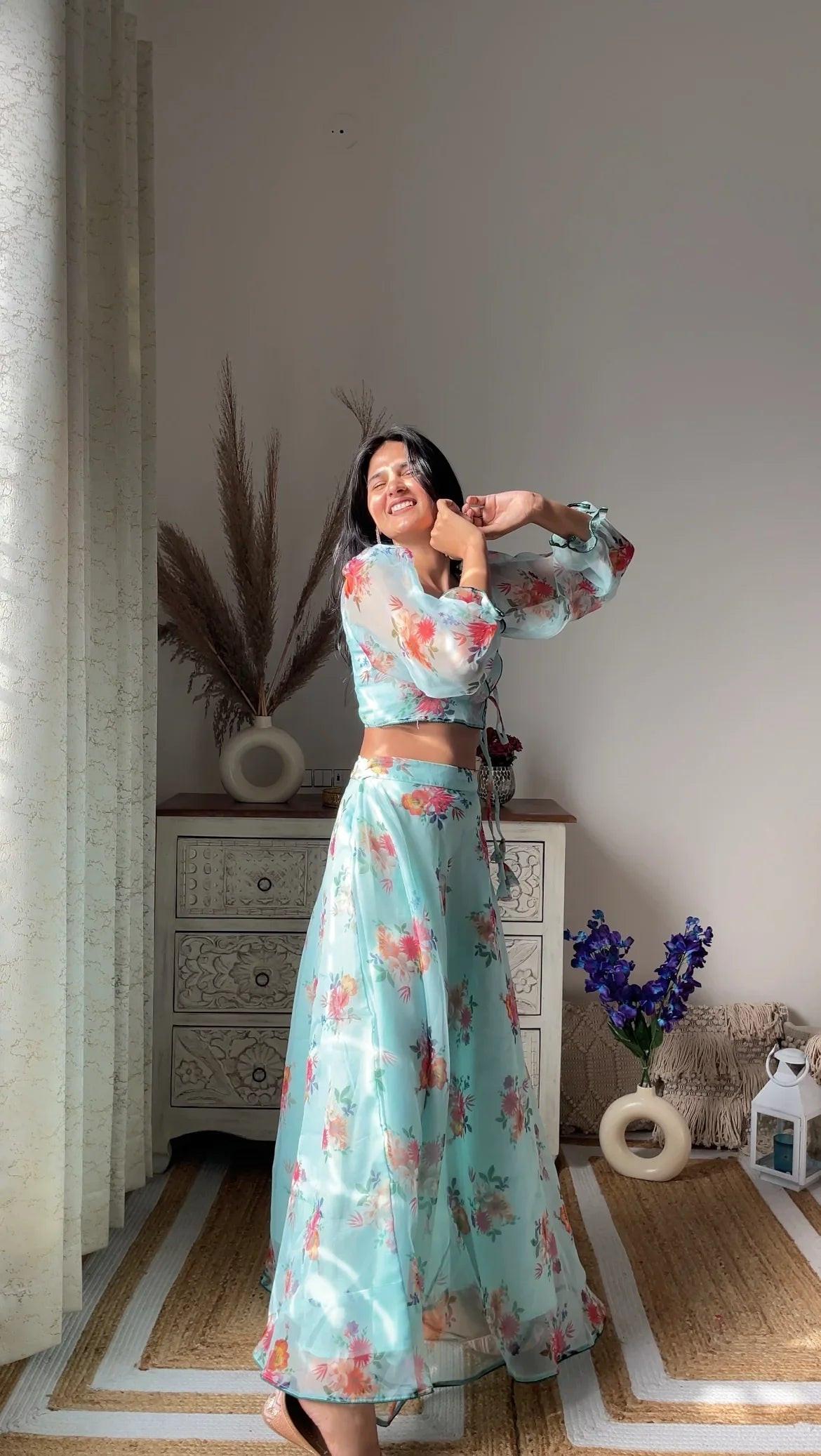 Swati's Turquoise Organza Skirt Set - Passion for Fashion by Shivani
