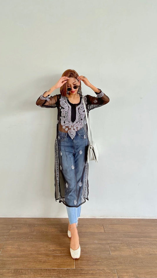 Classic Black Noor Chikan Kurta - Passion for Fashion by Shivani