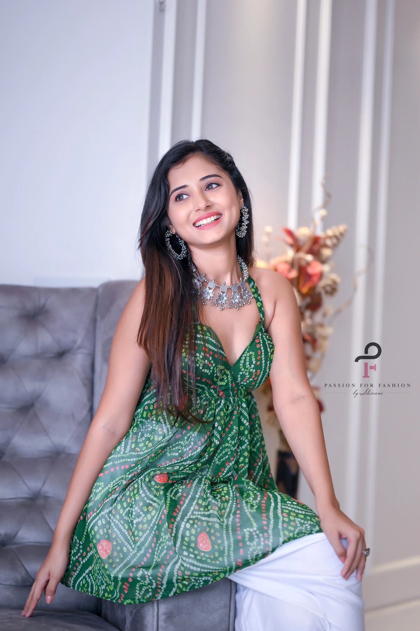 Green Bandhej Gulnaz Peplum Top