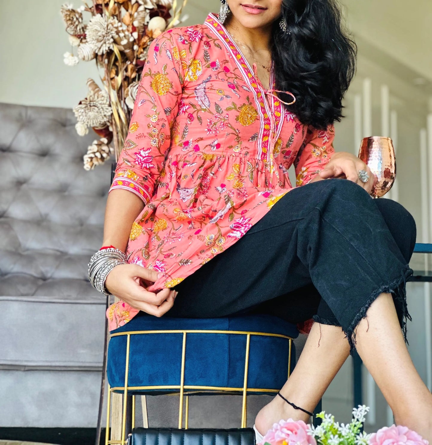 Pretty Peach Kalamkari Short Denim Kurta