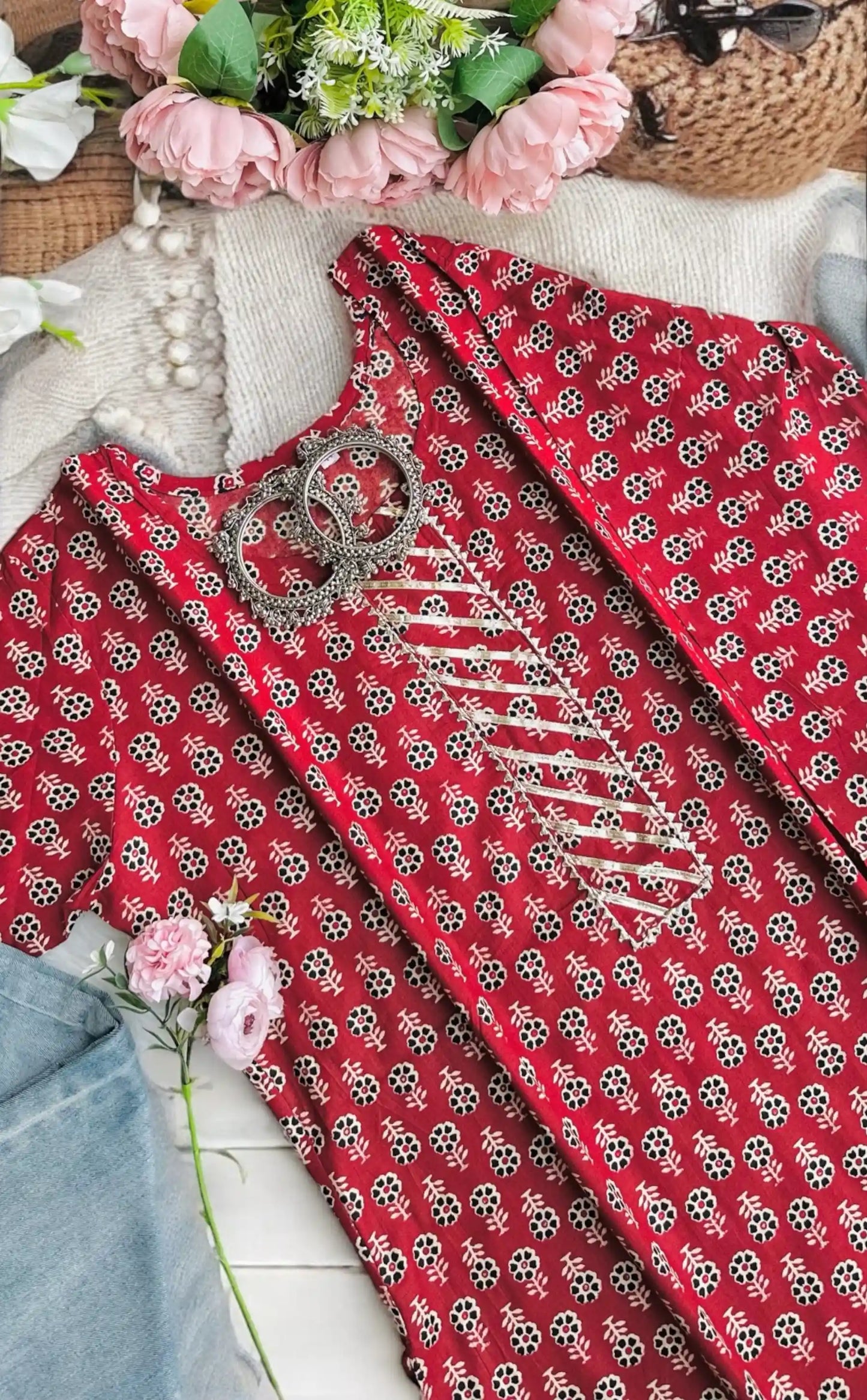 Maroon Jaipuri Cotton Short Kurta