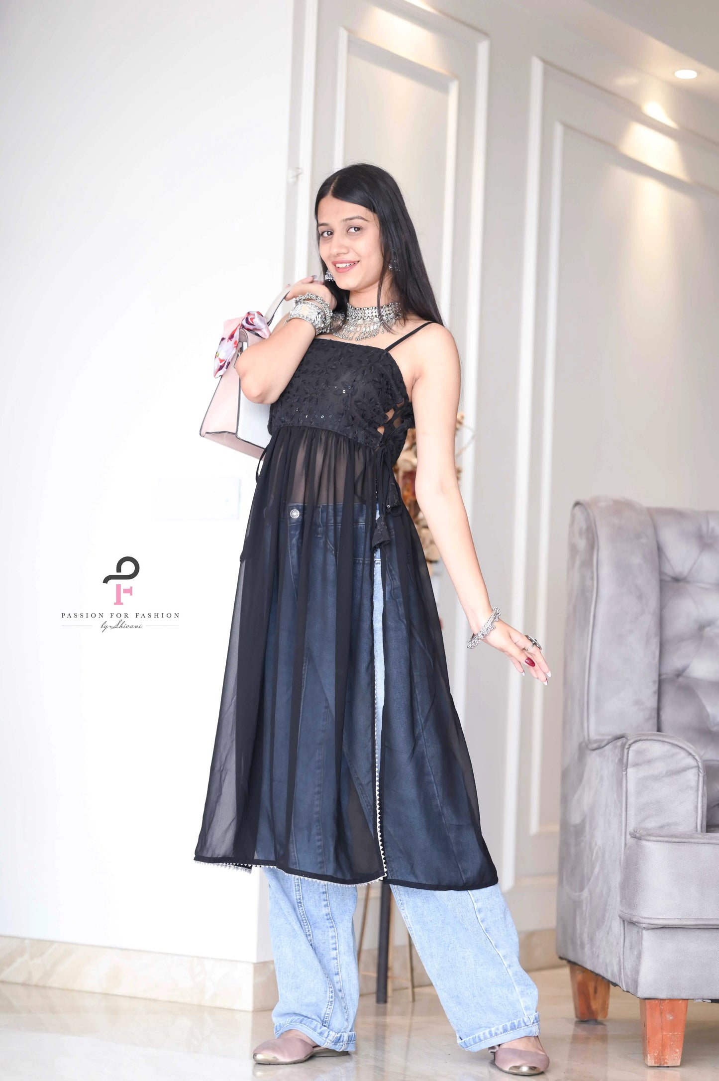 Smoky Black Gulnaz Embroidered Kurta
