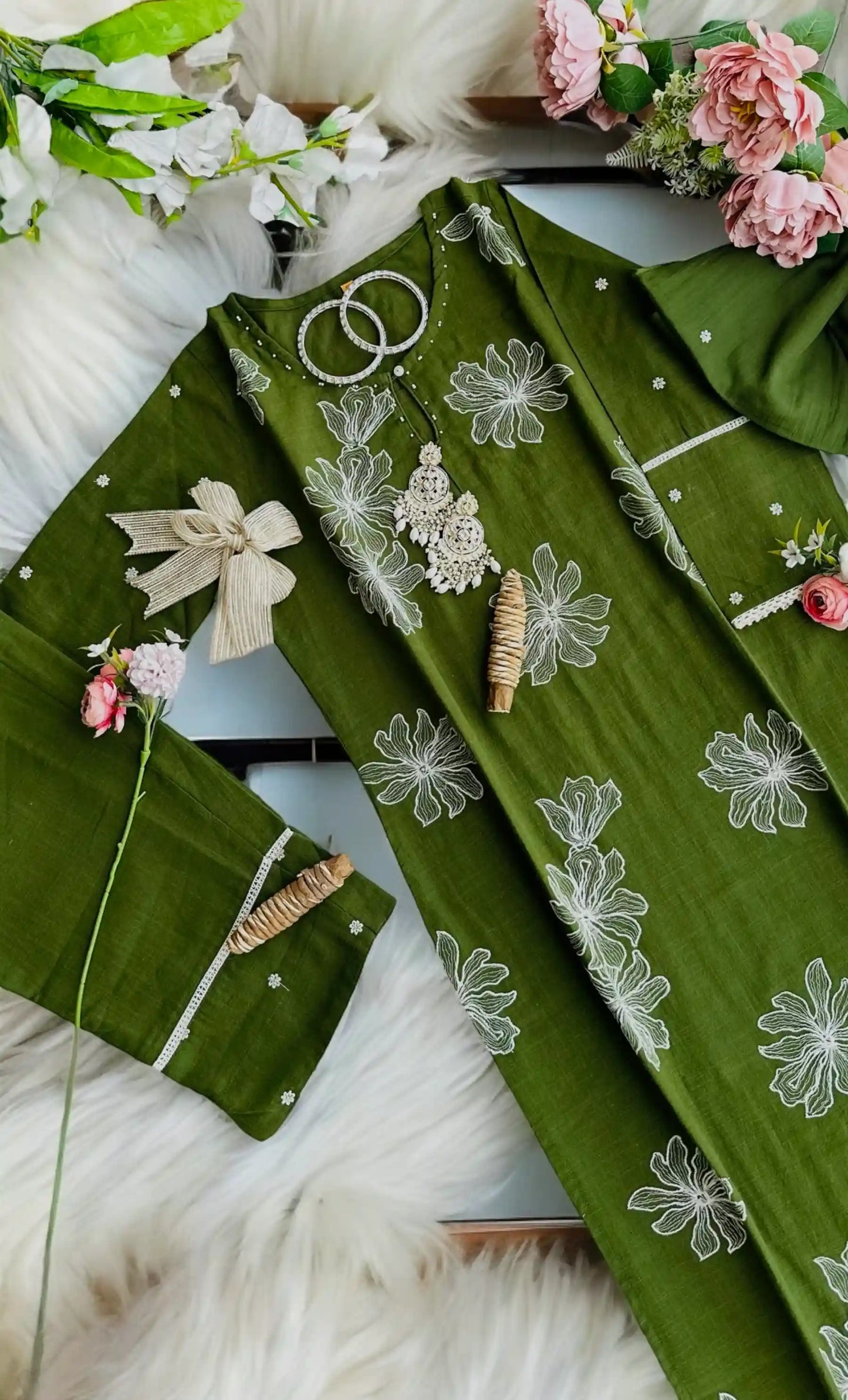Green Embroidered Meher Set