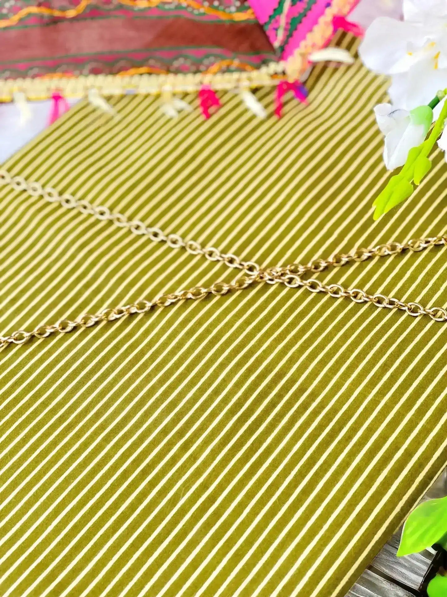 Classic Green Stripe Handprinted MulMul Fabric Cut - Passion for Fashion by Shivani