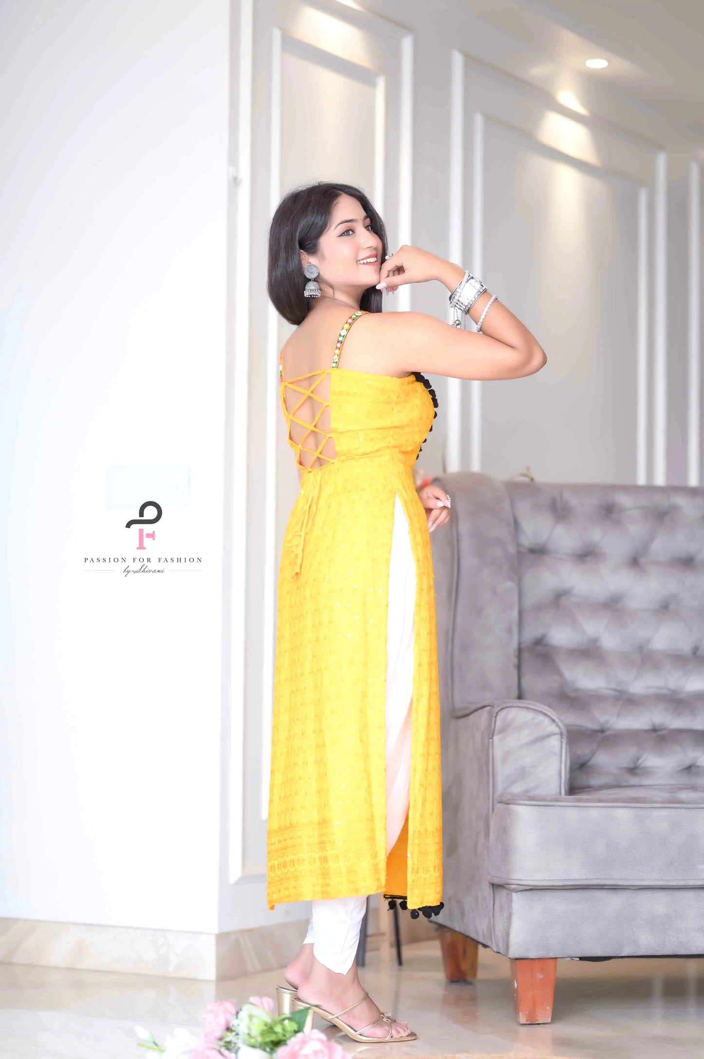 Bloom Yellow Gulnaz Embroidered Kurta