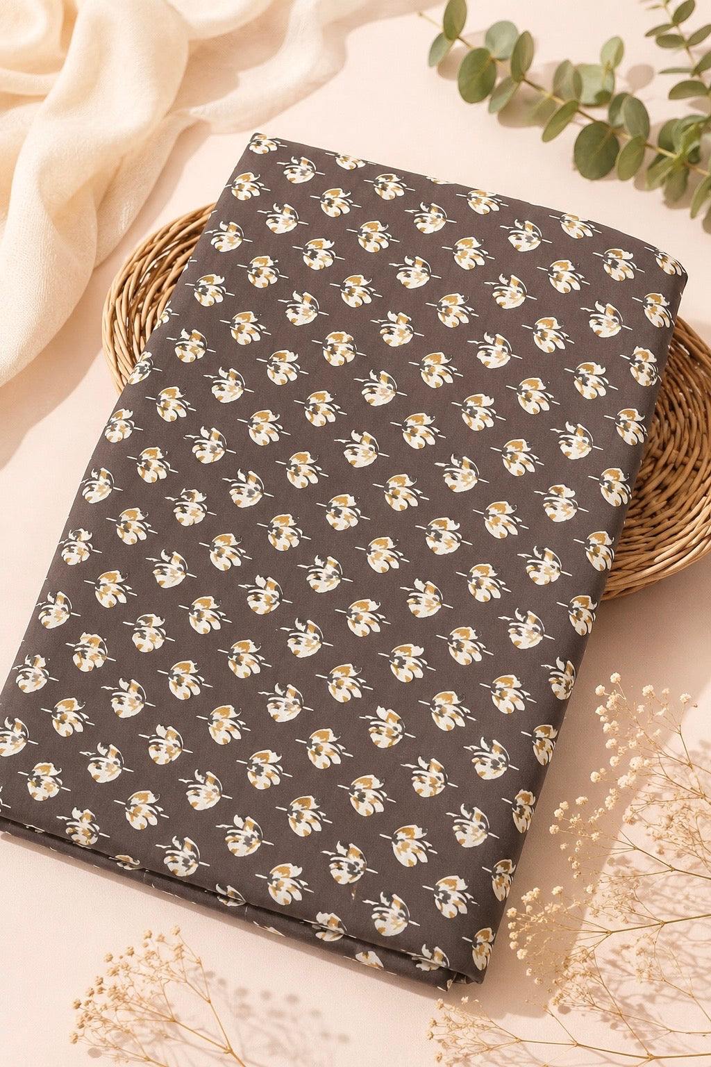 Charcoal Grey Floral Buti Cotton Fabric Cut