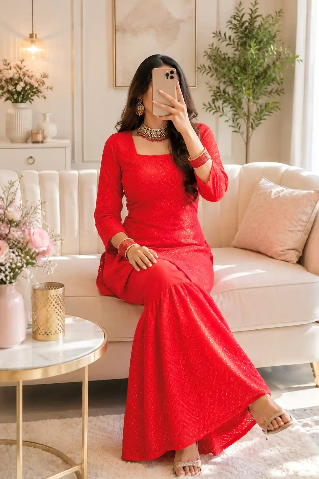 Sparkle Red Gulnaz Sharara Set