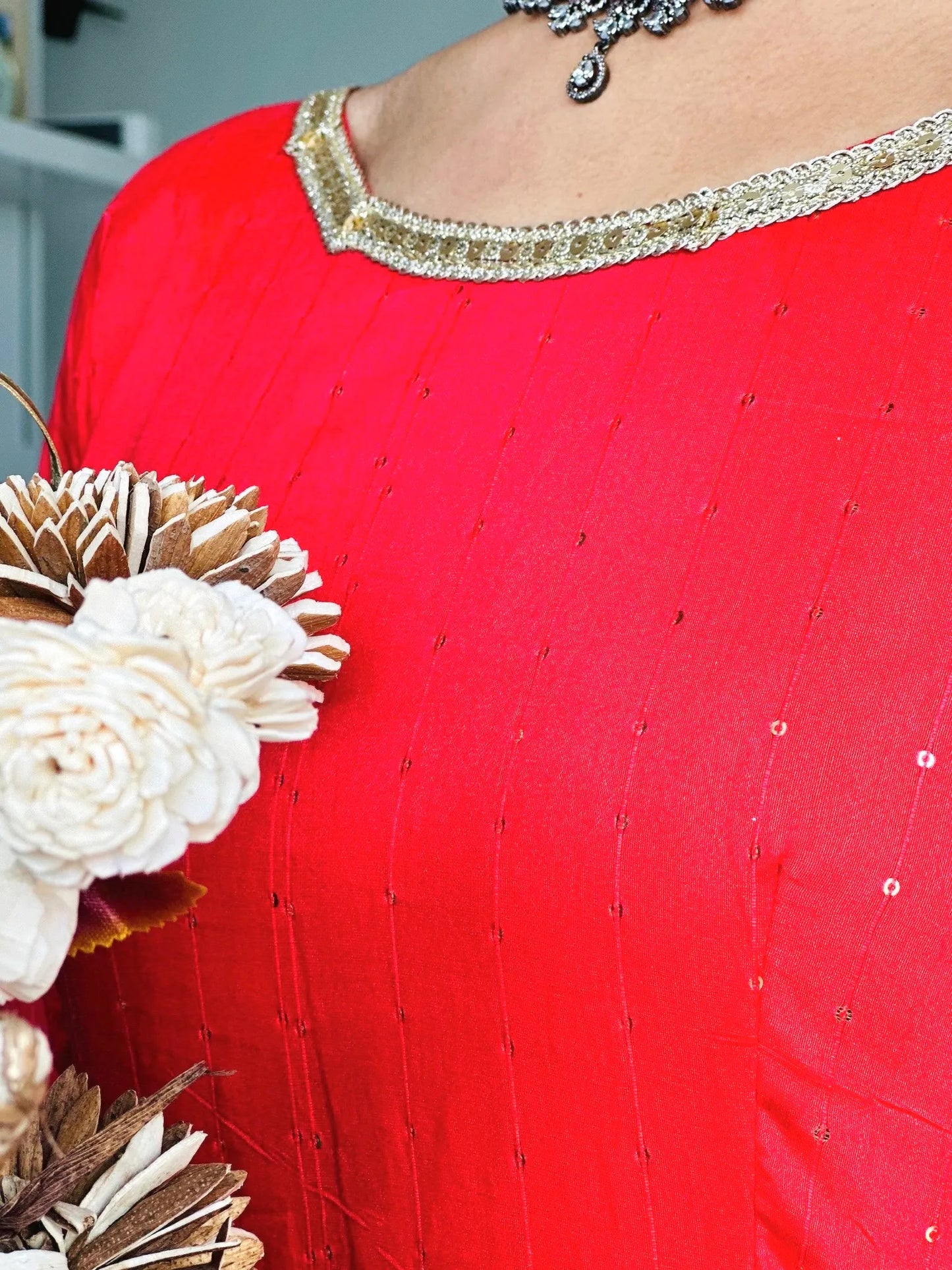 Hot Red Sequence Embroidered Gulnaz Kurta