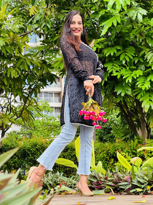 Black Leaf Angrakha Style Kurta - Passion for Fashion by Shivani