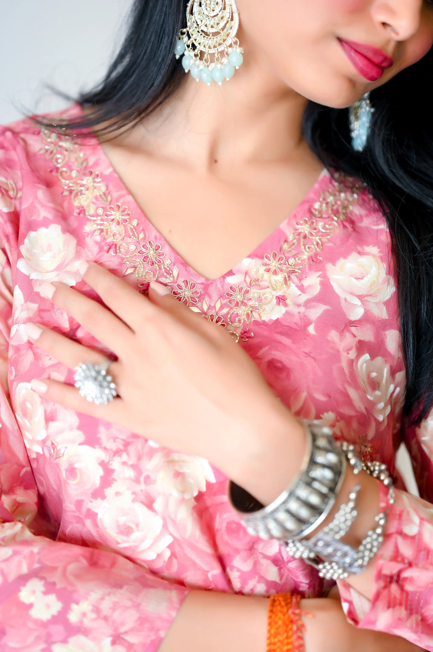 Scarlet Peach Floral Embroidered Suit Set