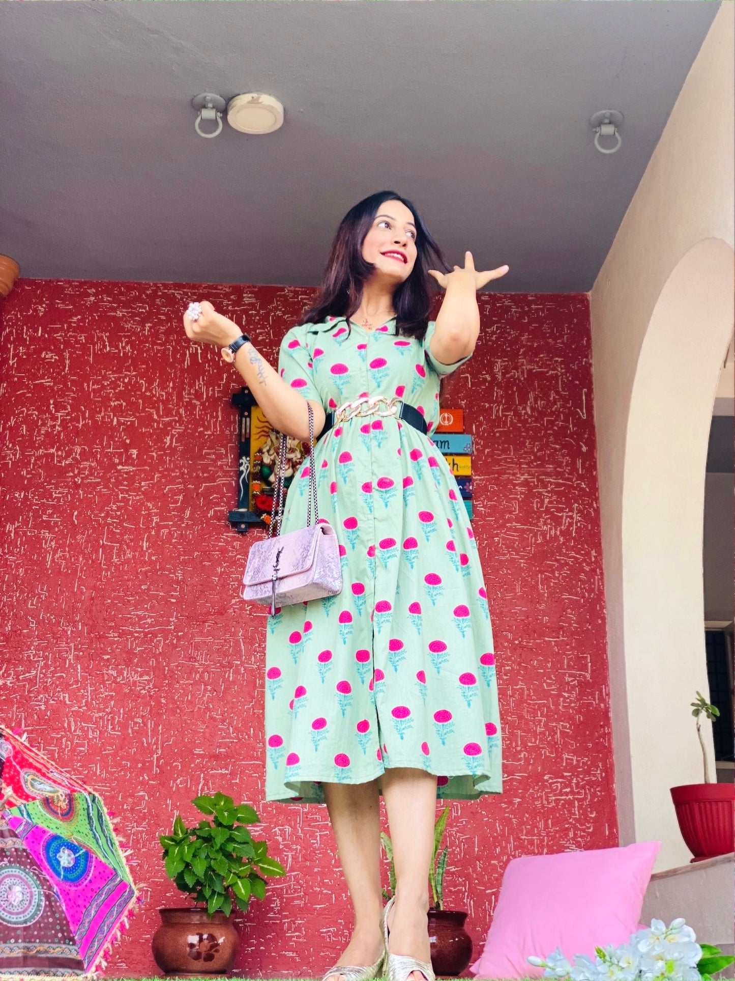 Soft Green Collar Block Print Dress