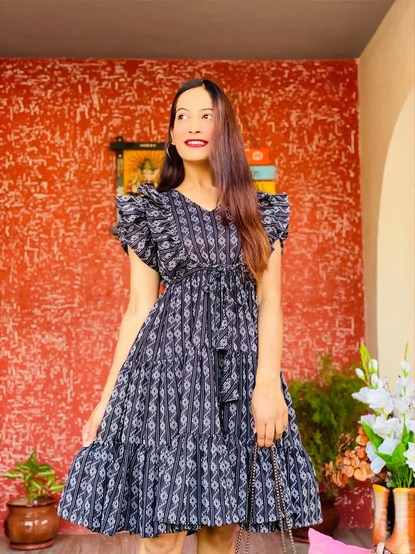 Twilight Black Ikkat Frill Twirl Dress