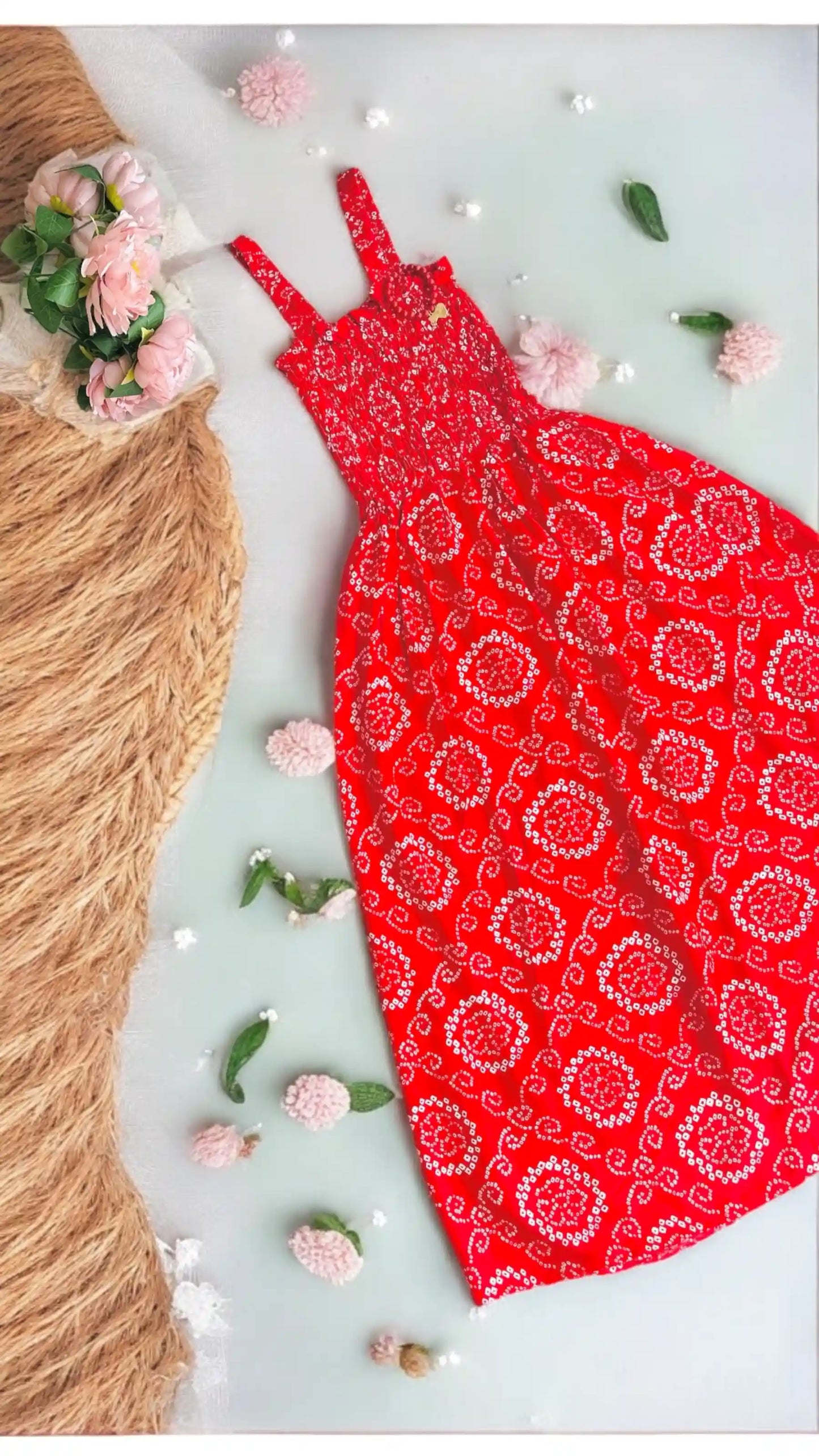 Red Bandhej Smoky Twirl Dress