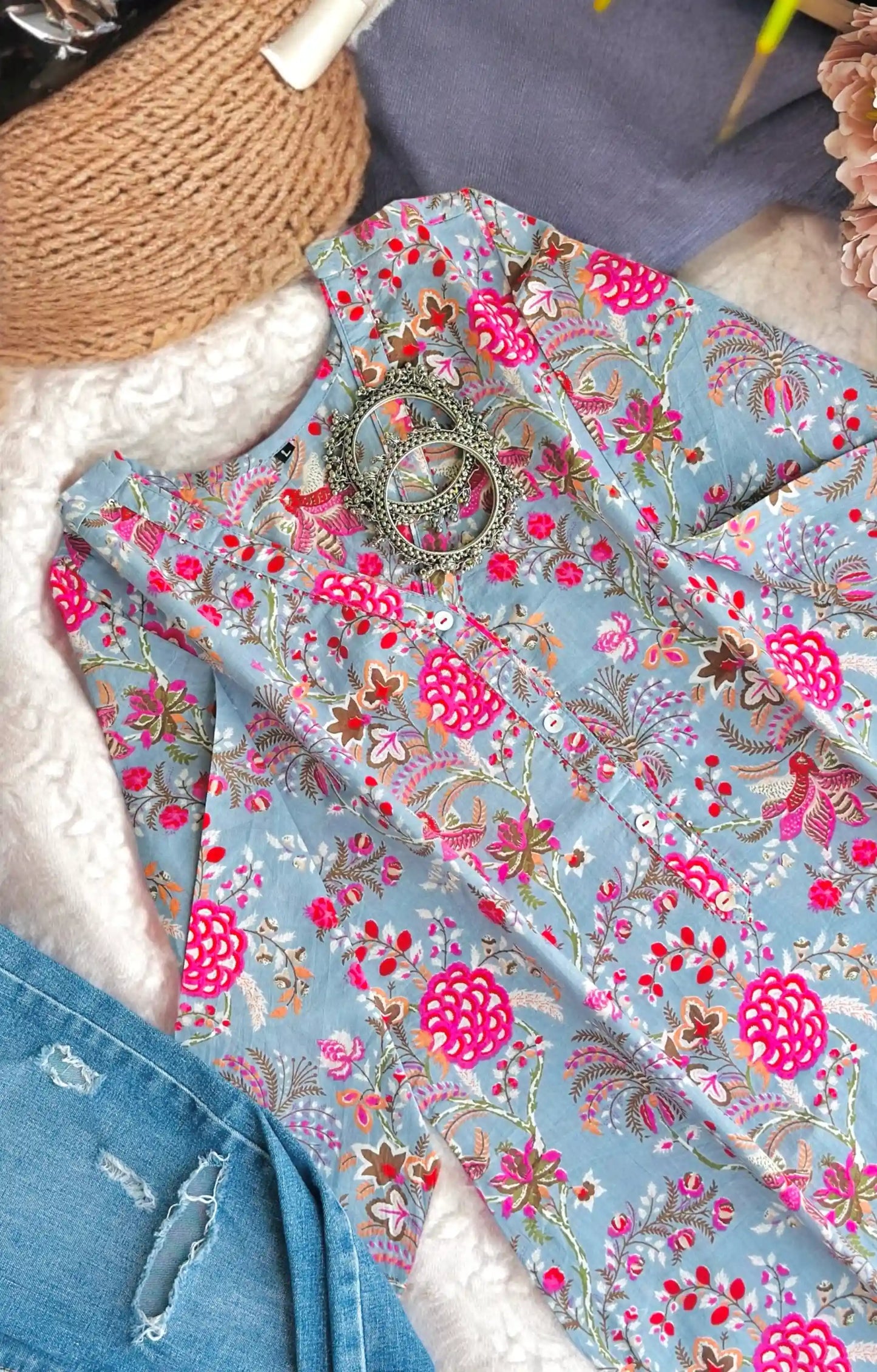 Grey Floral Mulmul Jaipuri Kurta - Passion for Fashion by Shivani