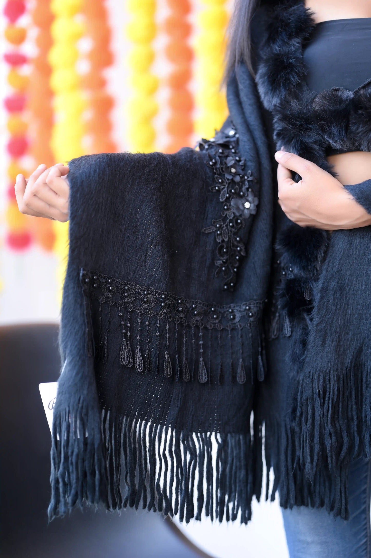 Black Fur Pom Pom Shrug