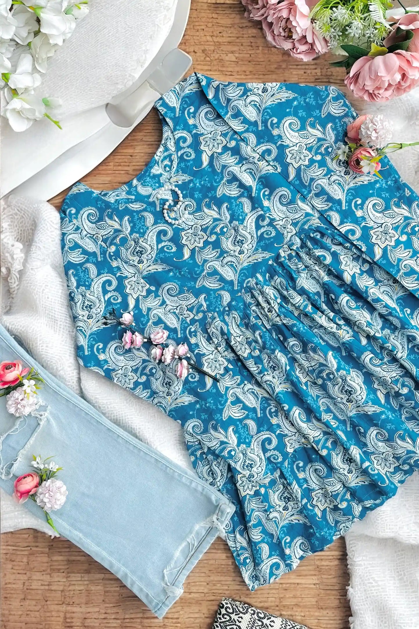 Blue Kalamkari Jaipuri Short Top