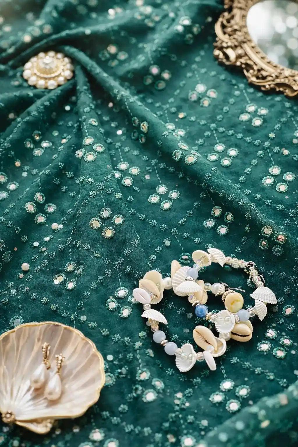 Emerald Green Mirror Embroidered Fabric Cut