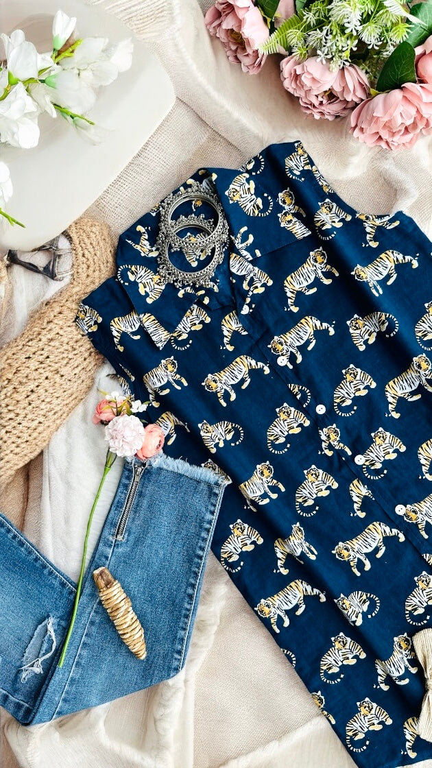 Blue Tiger Cute Collar Shirt