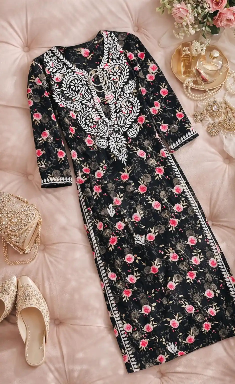 Floral Black Fanah Mul Chikankari