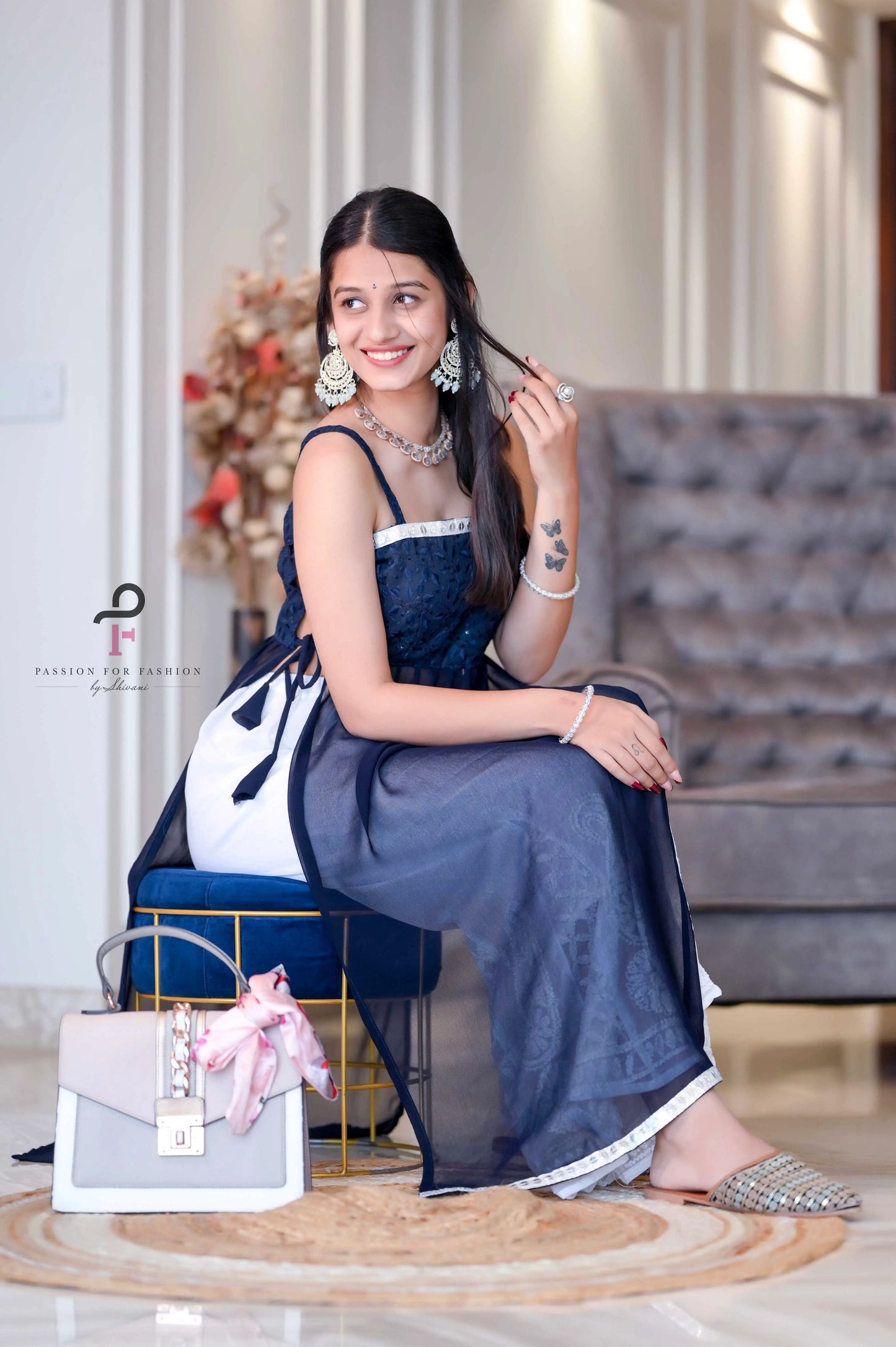 Monochrome Blue Embroidered Gulnaz Kurta