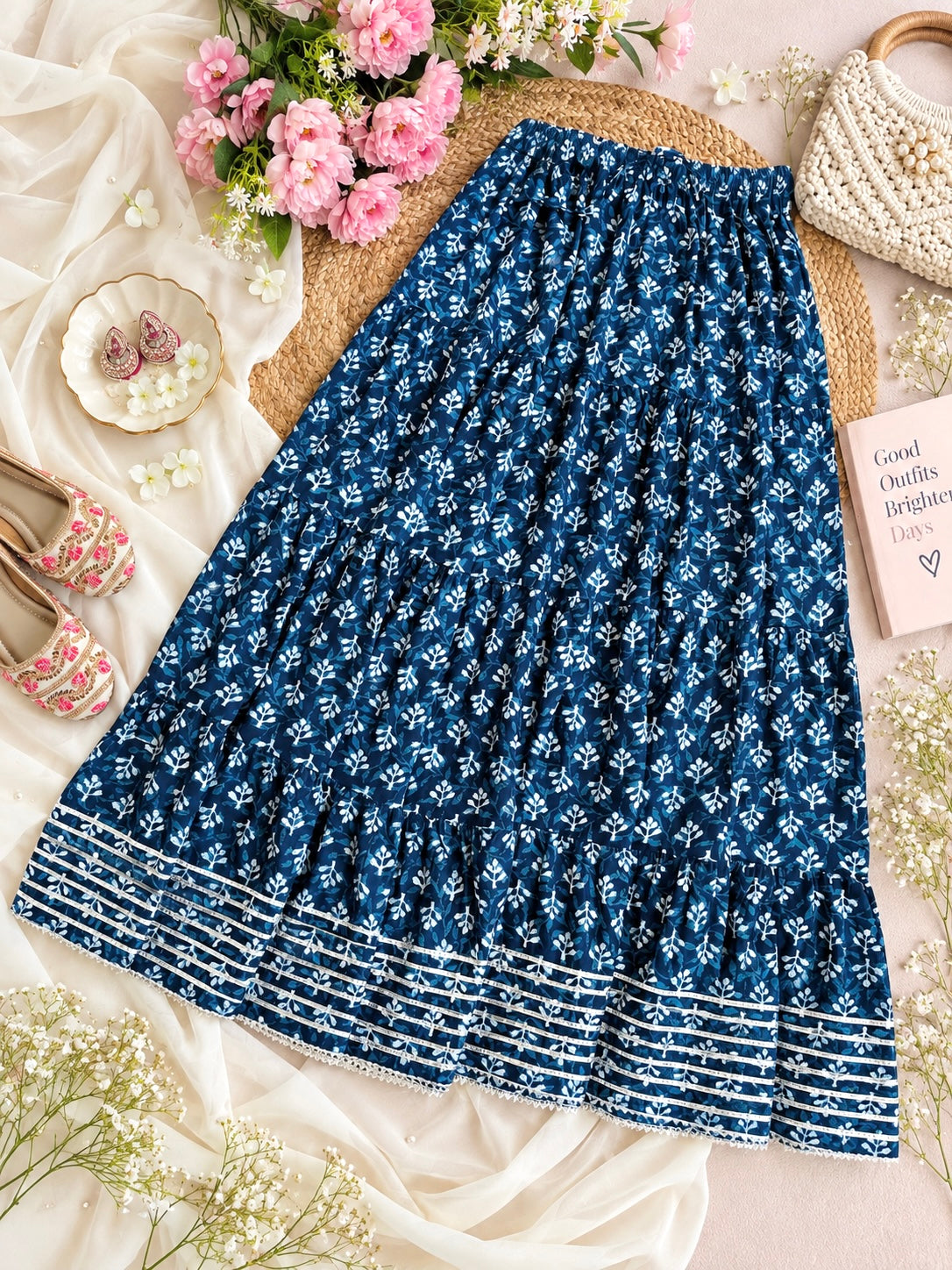 Jaipuri Indigo Block Flared Twirl Skirt