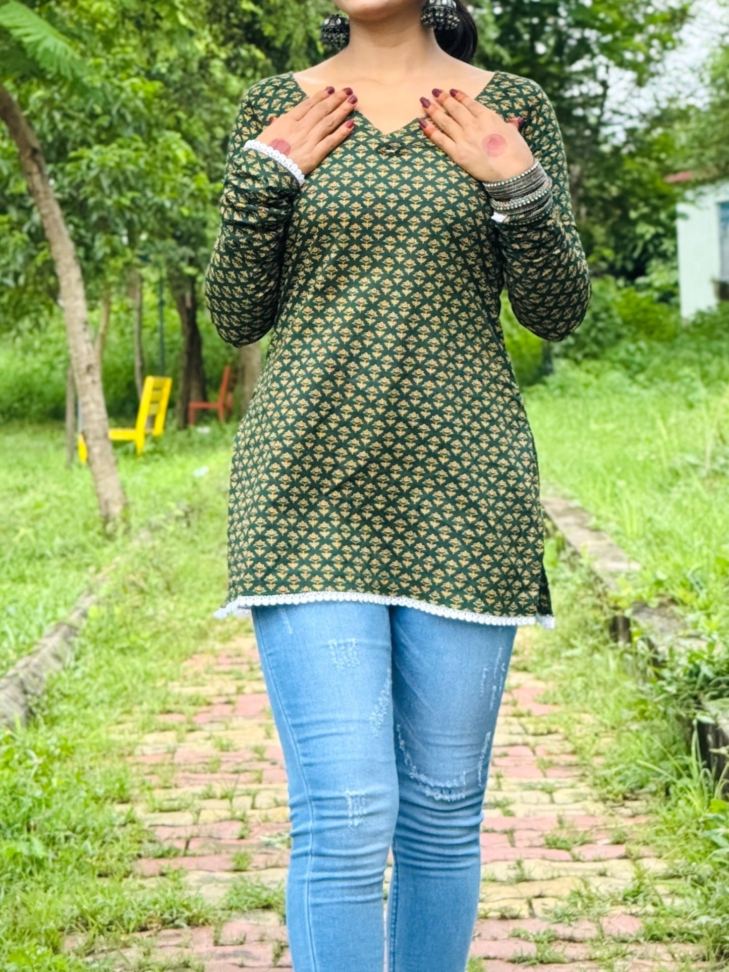 Gulmohar Green Handblock Kurti - Passion for Fashion by Shivani