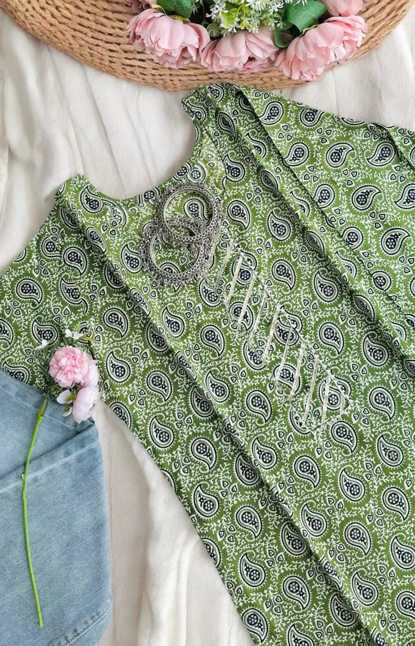 Green Jaipuri Cotton Short Kurta