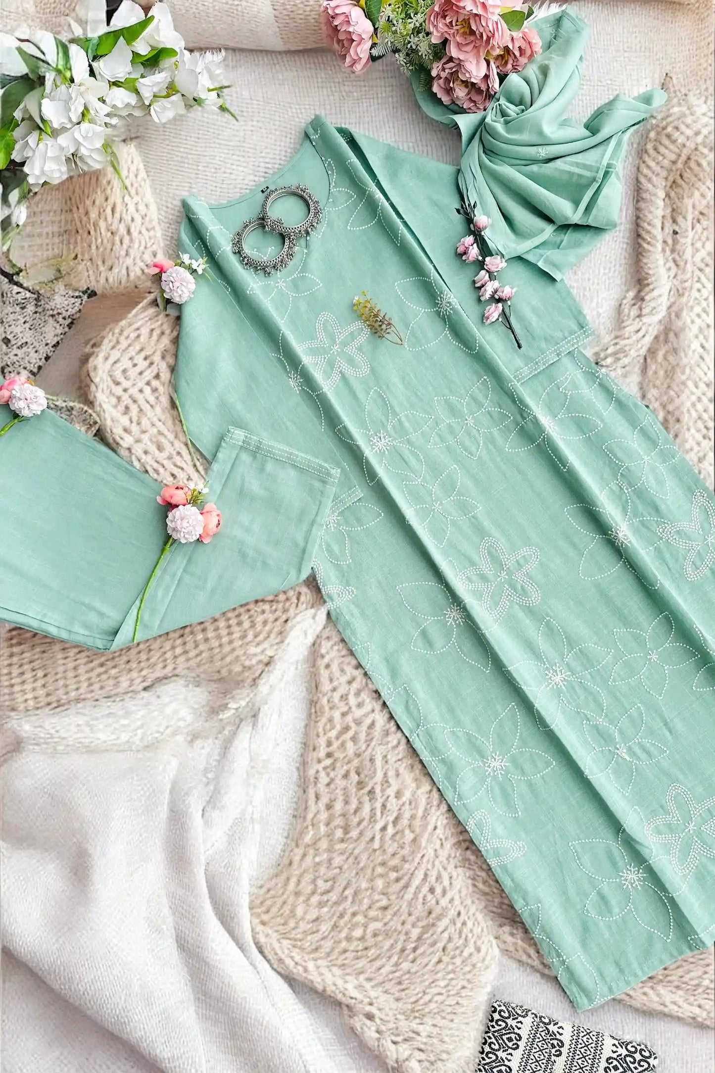 Pastel Green Embroidered Suit Set