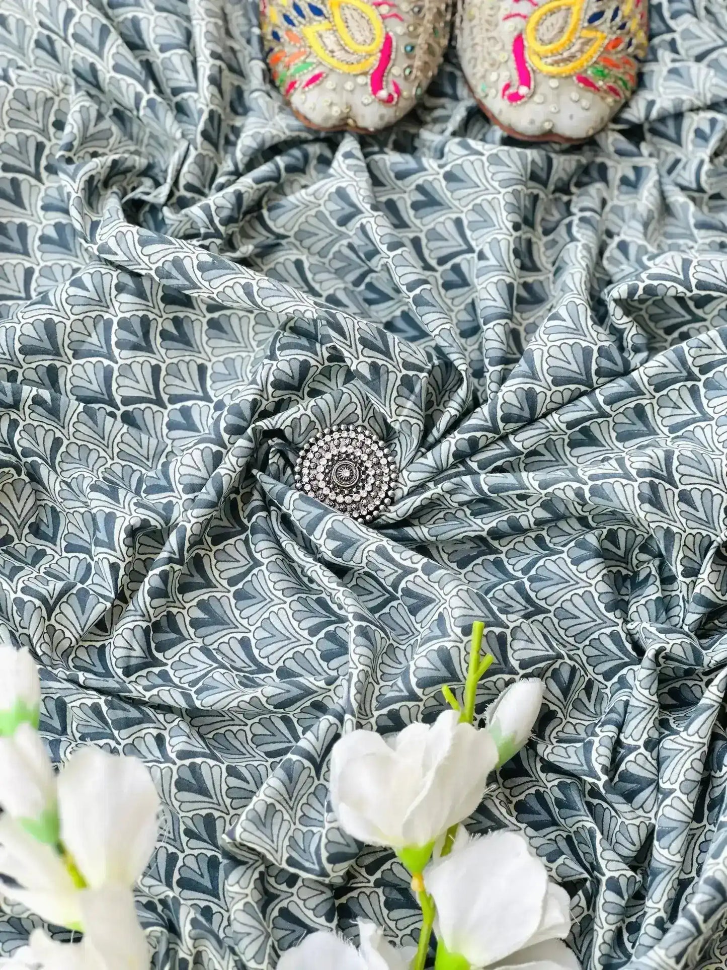 Classic Grey Jaipuri Handprinted MulMul Fabric Cut - Passion for Fashion by Shivani