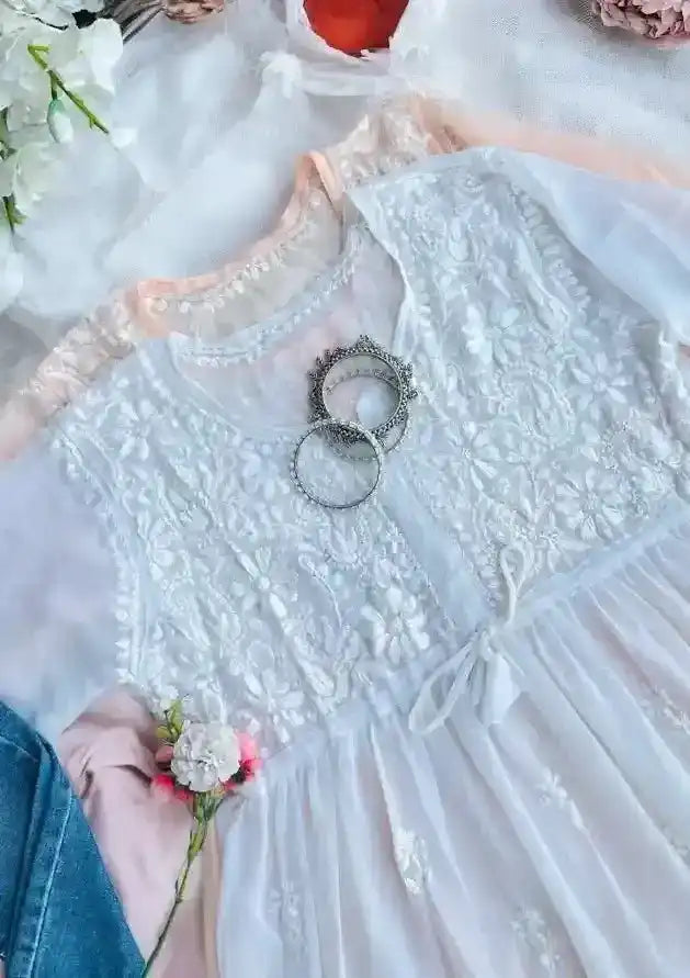 Dreamy White Short Chikan Top - Passion for Fashion by Shivani