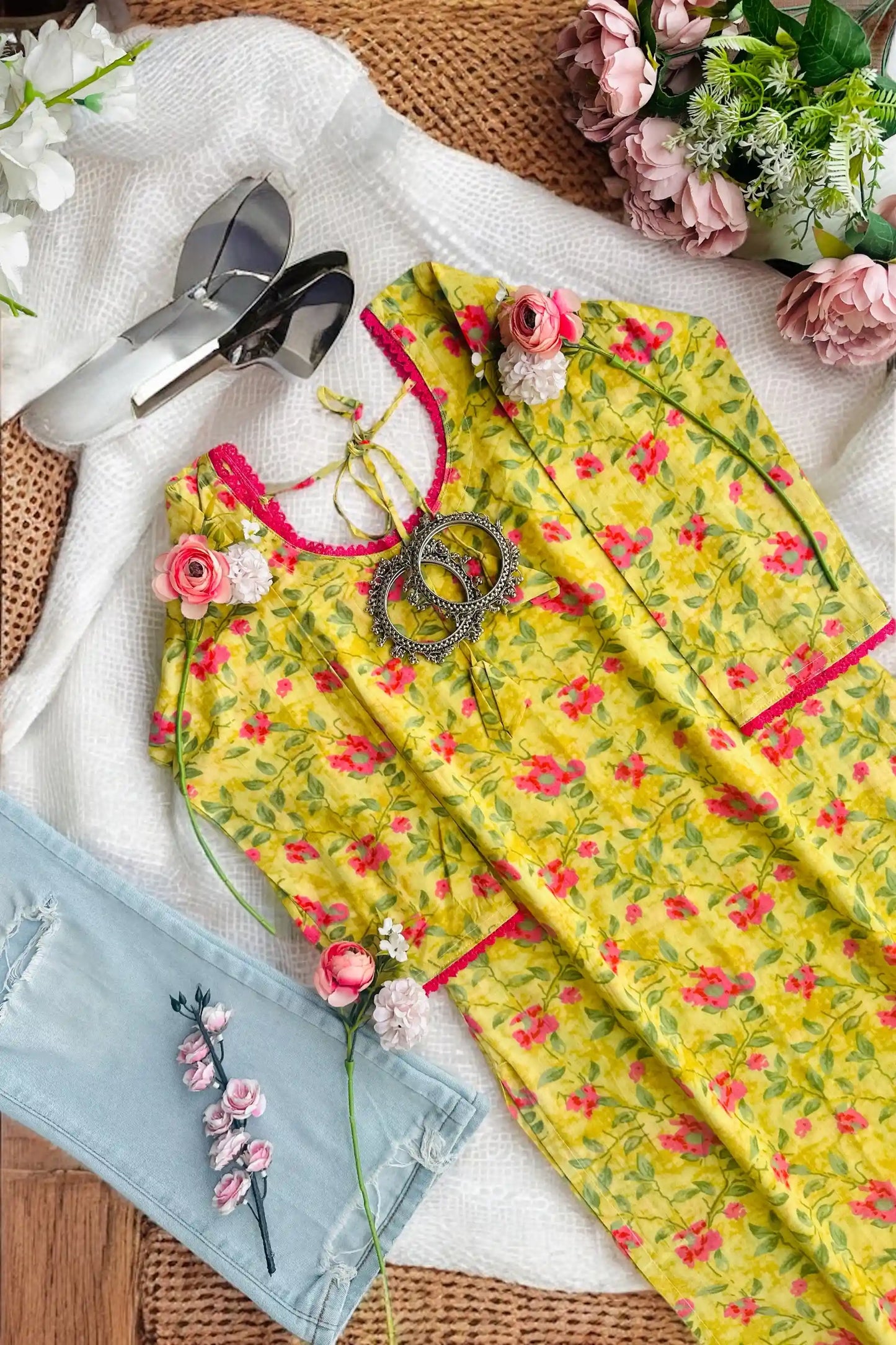 Pink Flower Jaipuri Kurta