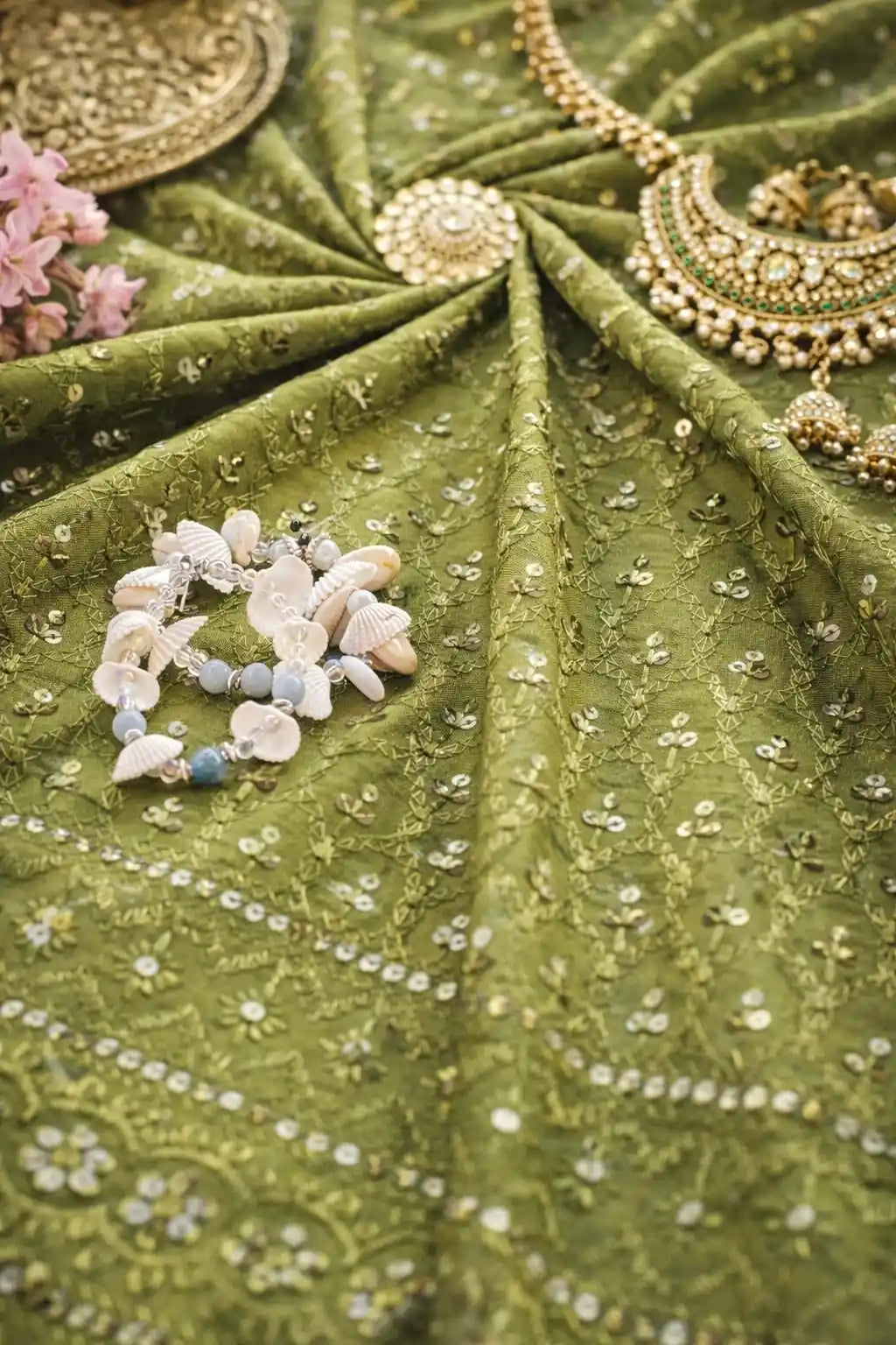 Vintage Green Sequence Fabric Cut