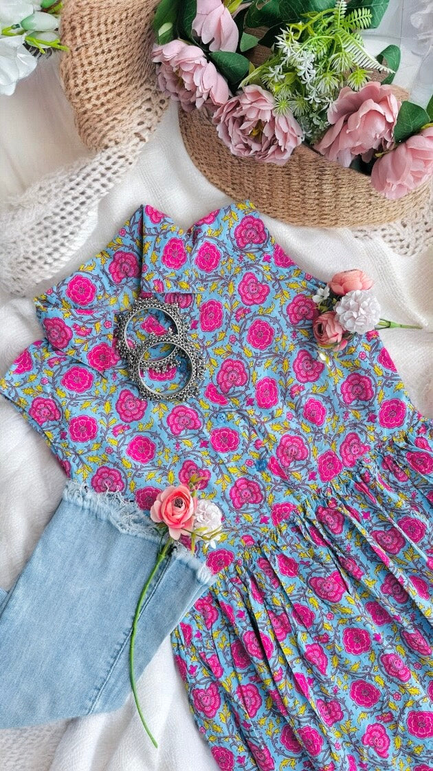 Cobalt Collar Jaipuri Short Dress