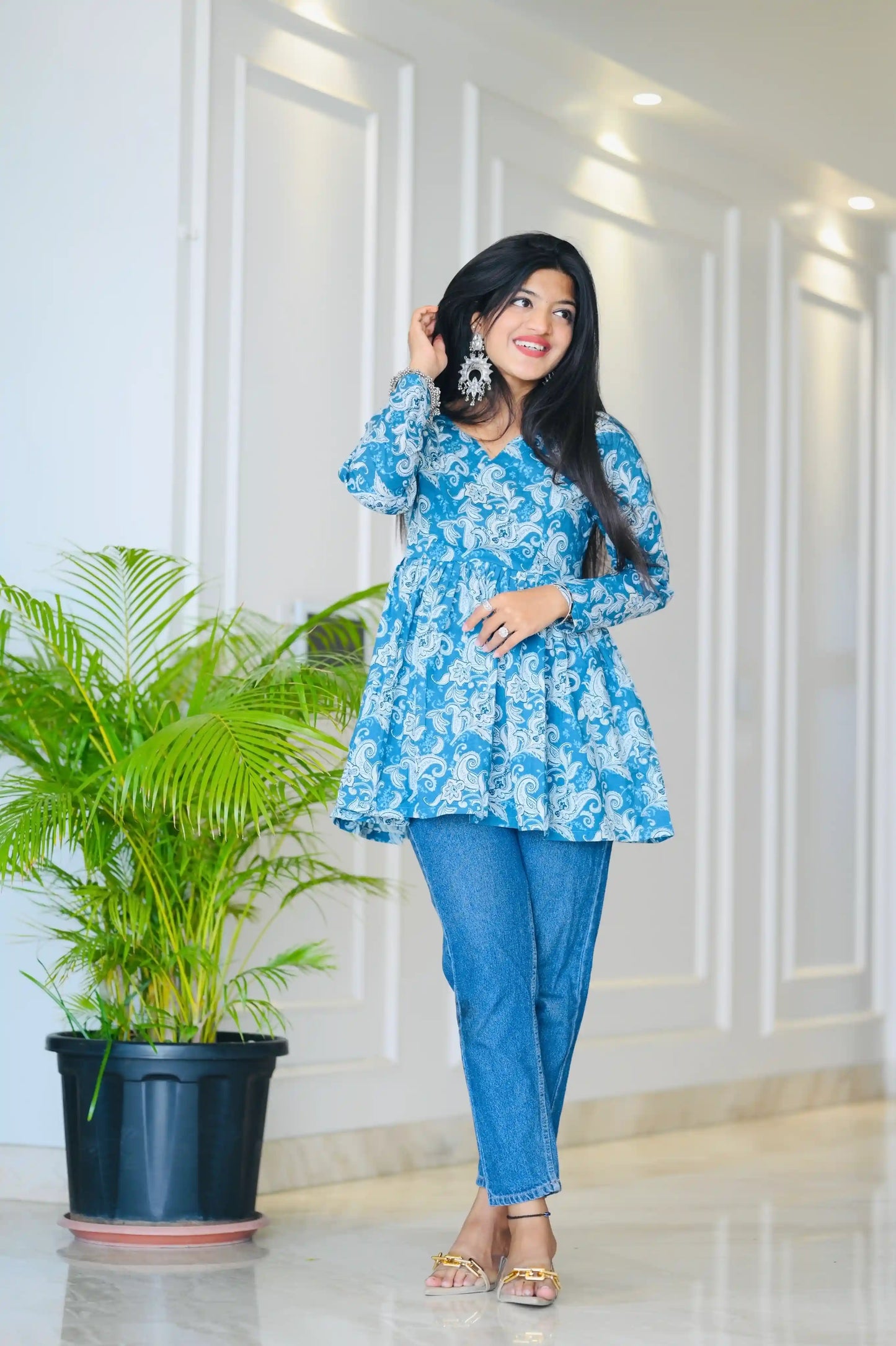 Blue Kalamkari Jaipuri Short Top