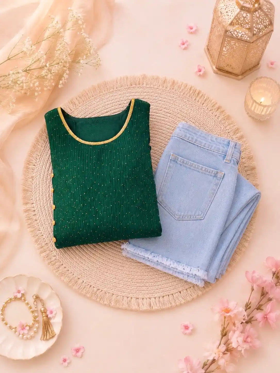 Emerald Green Sequence Short Kurta