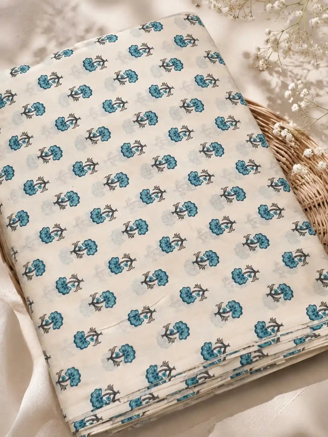 Premium Ivory Blue Floral Cotton Fabric