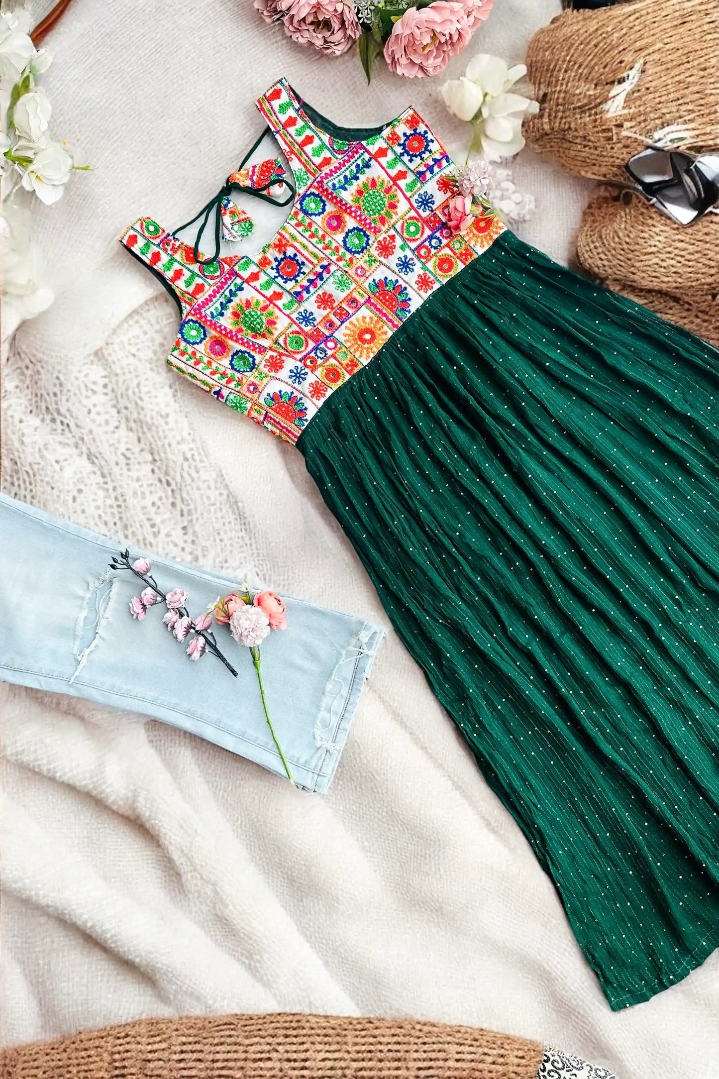 Denim Green Embroidered Gulnaz Kurta