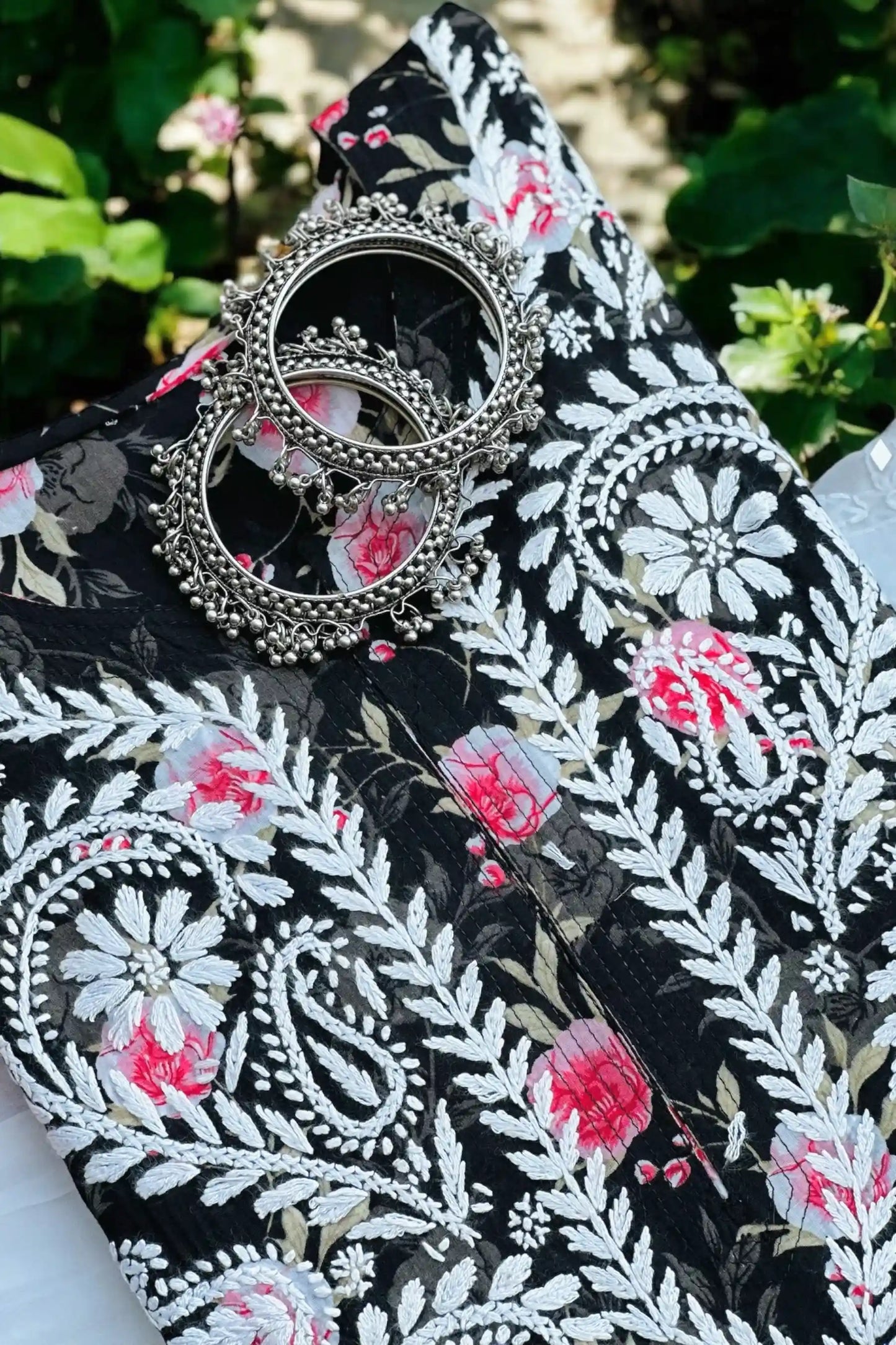 Floral Black Fanah Mul Chikankari