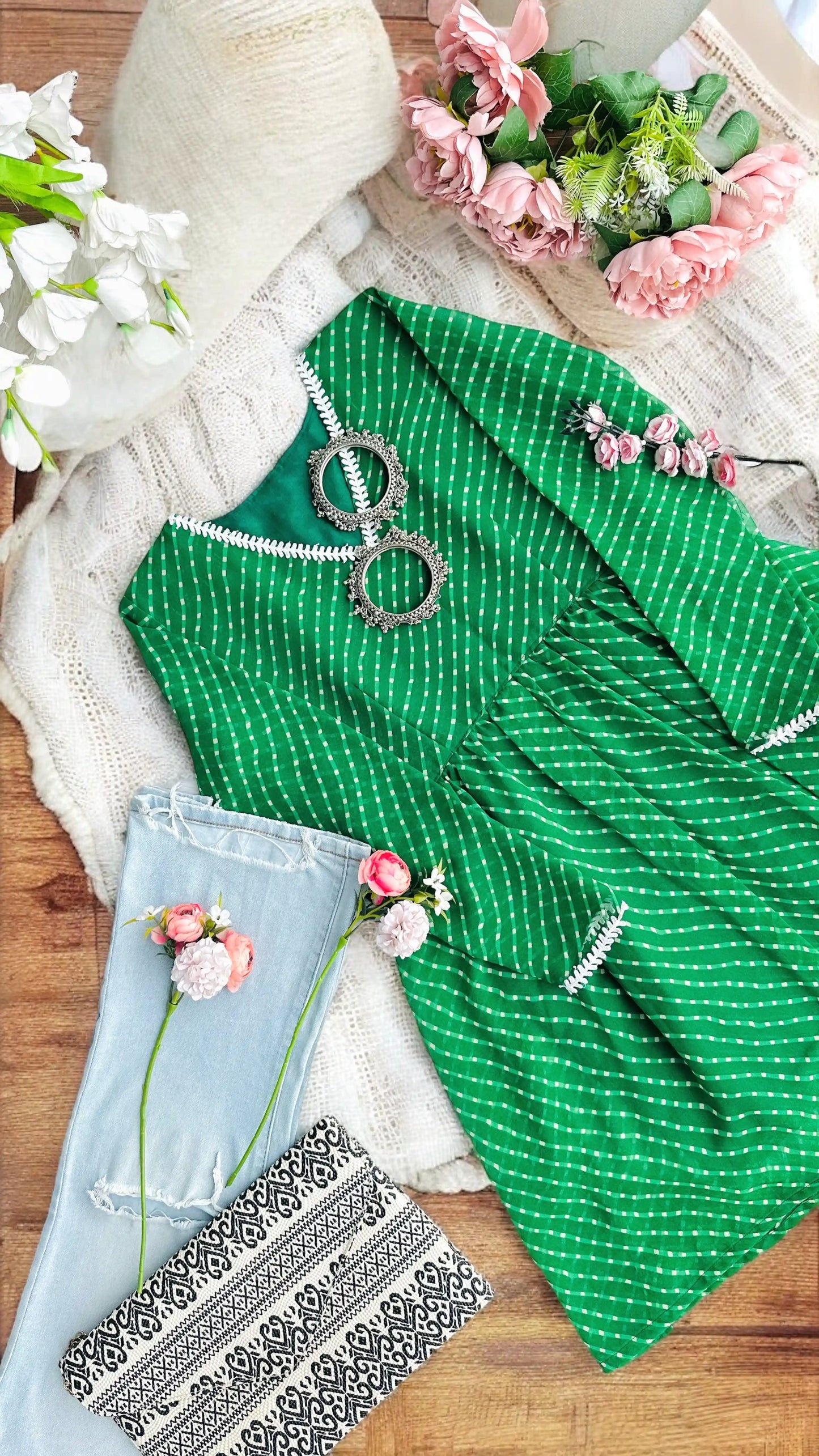 Bandhej Green Peplum Top