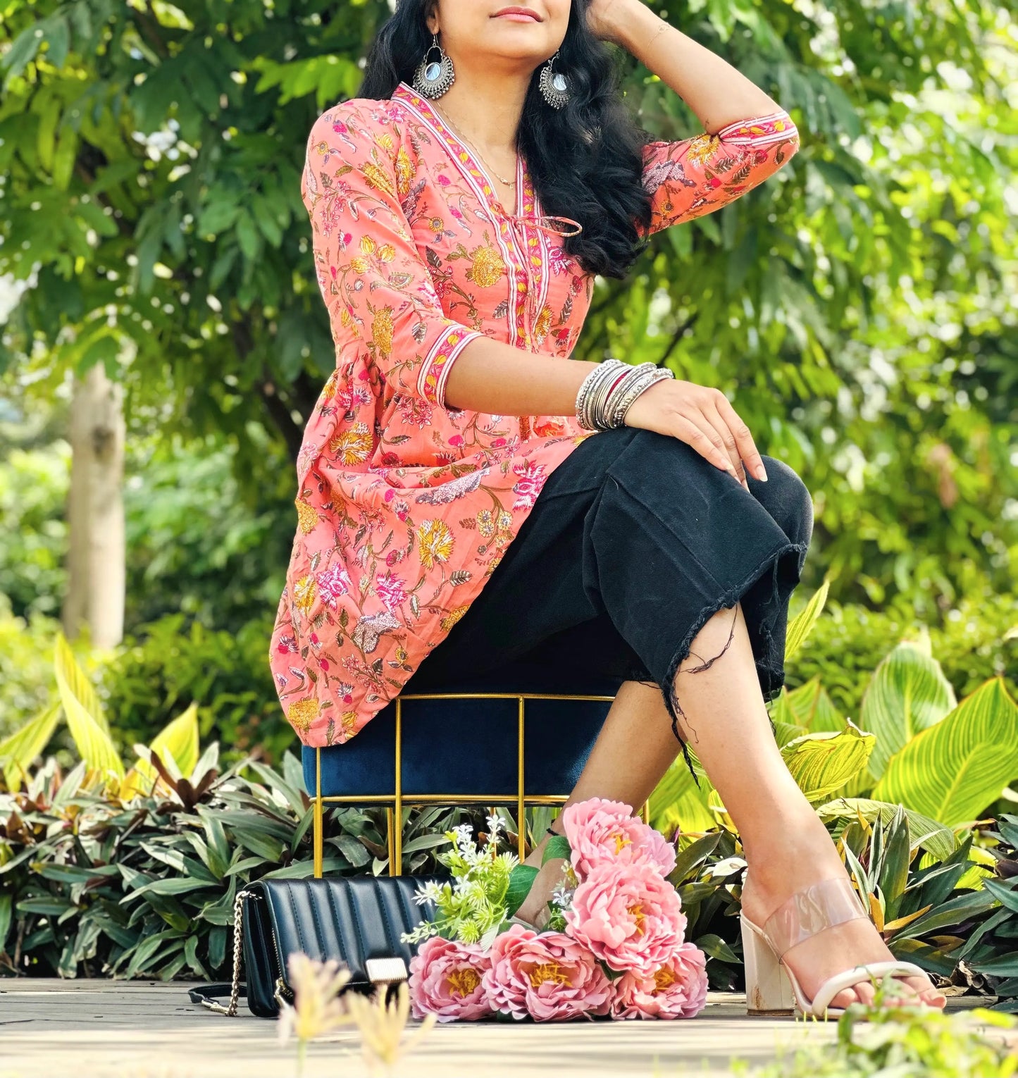 Pretty Peach Kalamkari Short Denim Kurta
