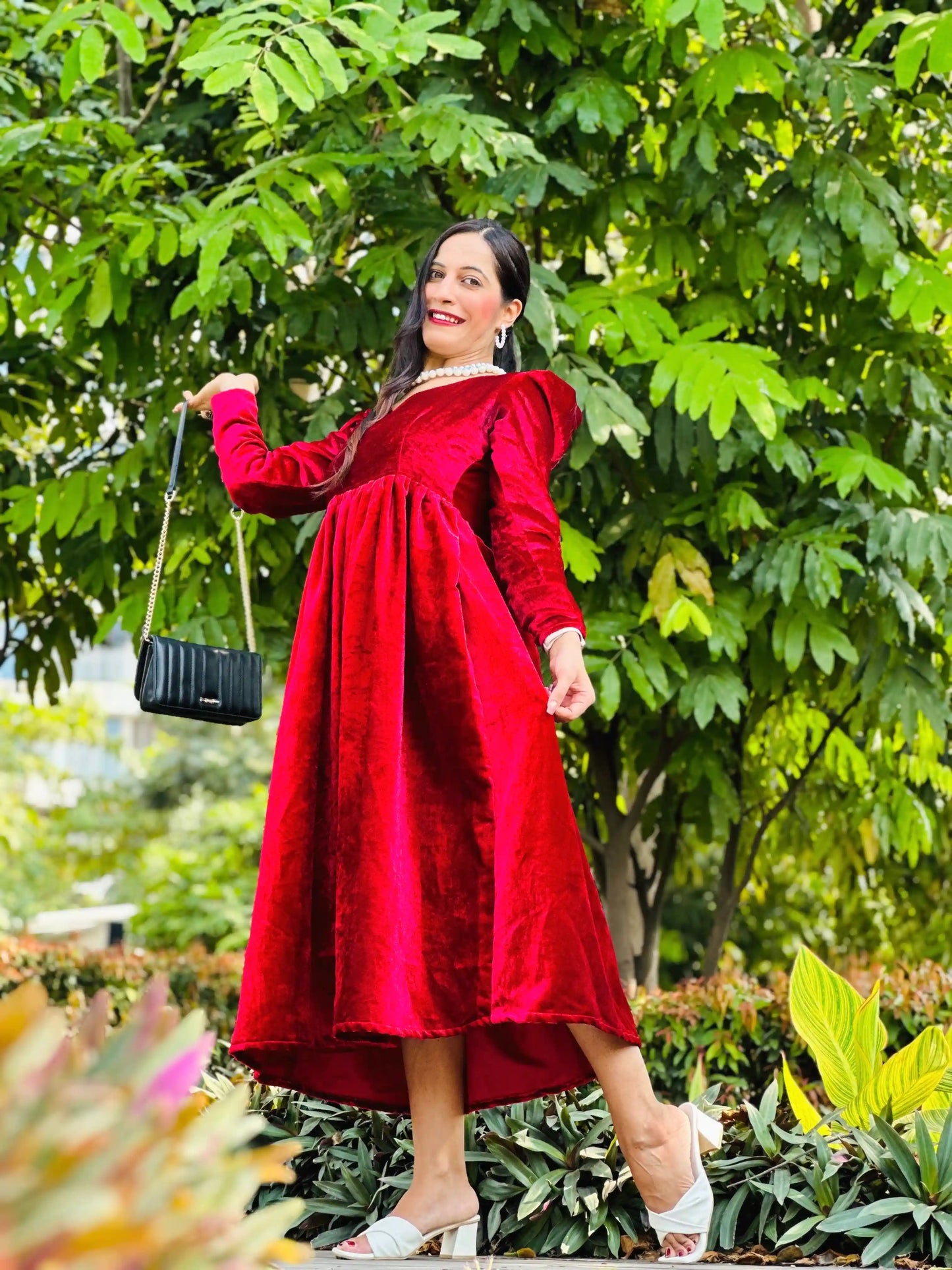 Sparkling Maroon Velvet Twirl Dress
