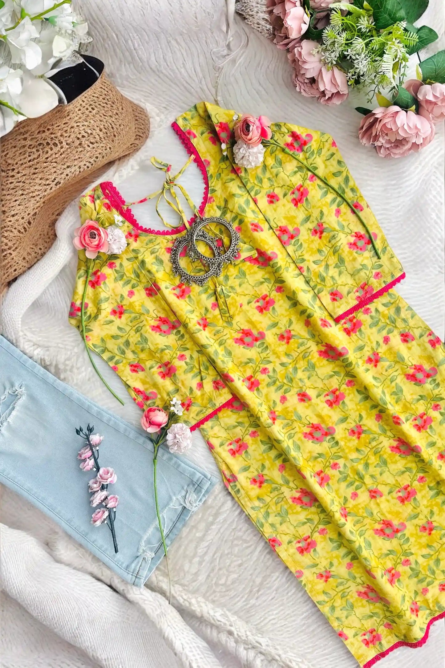 Pink Flower Jaipuri Kurta