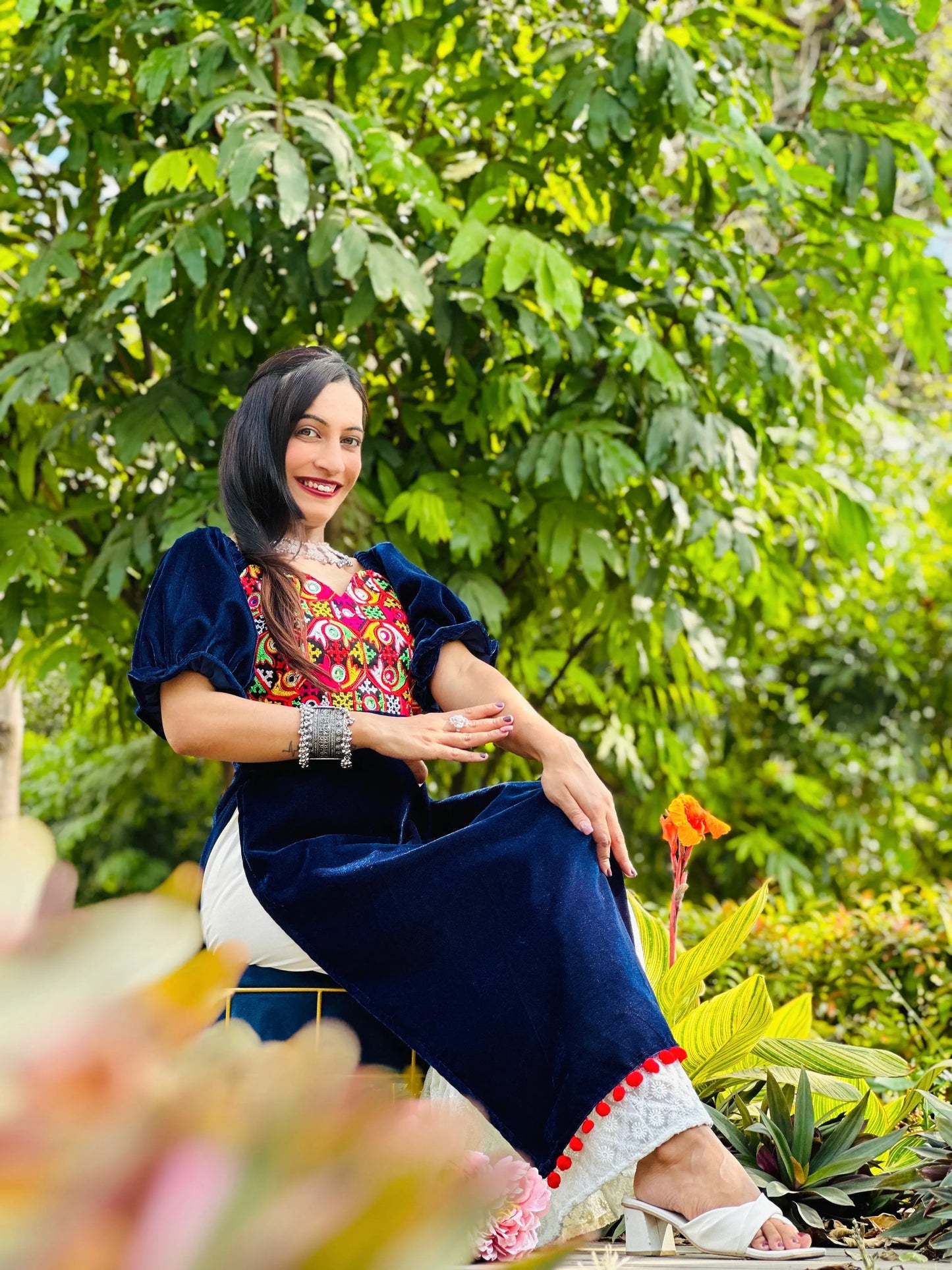 Azure Blue Gamti Velvet Gulnaz Kurta