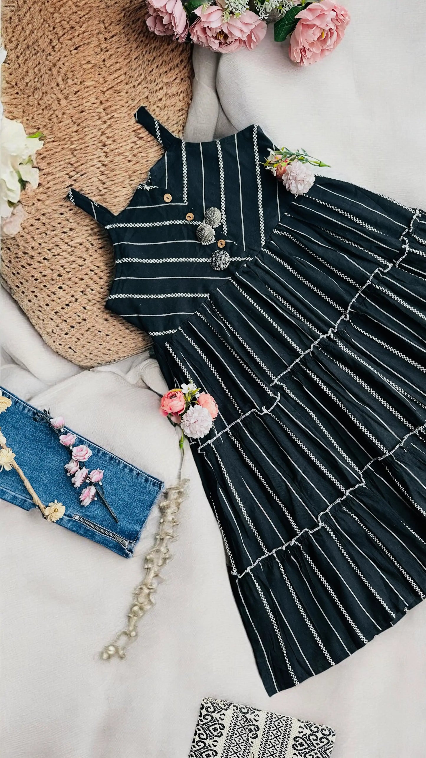 Black Stripe Denim Frill Kurta - Passion for Fashion by Shivani