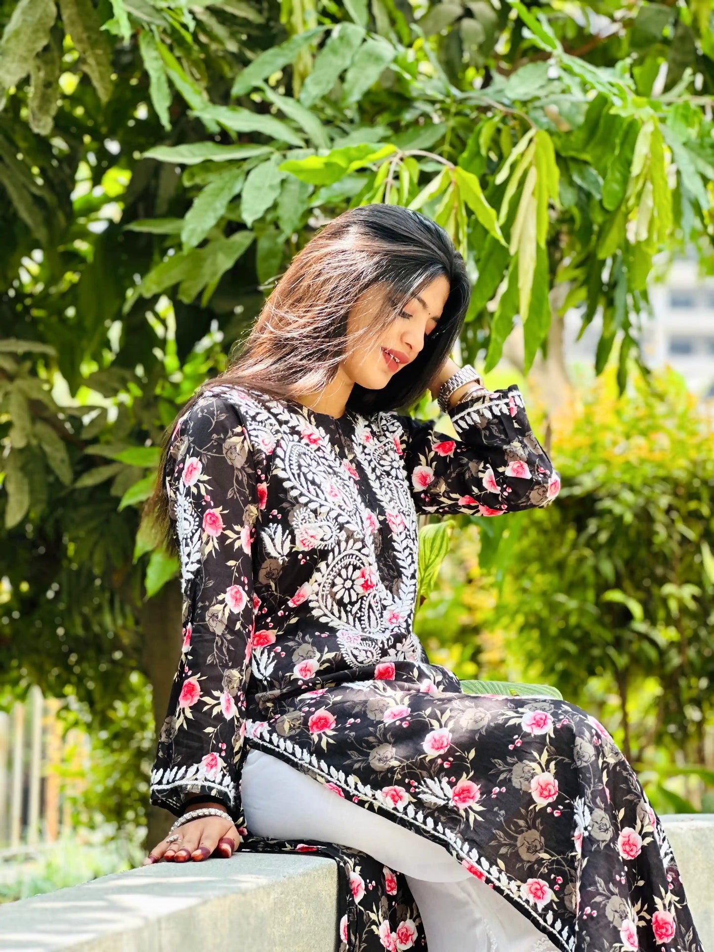 Floral Black Fanah Mul Chikankari