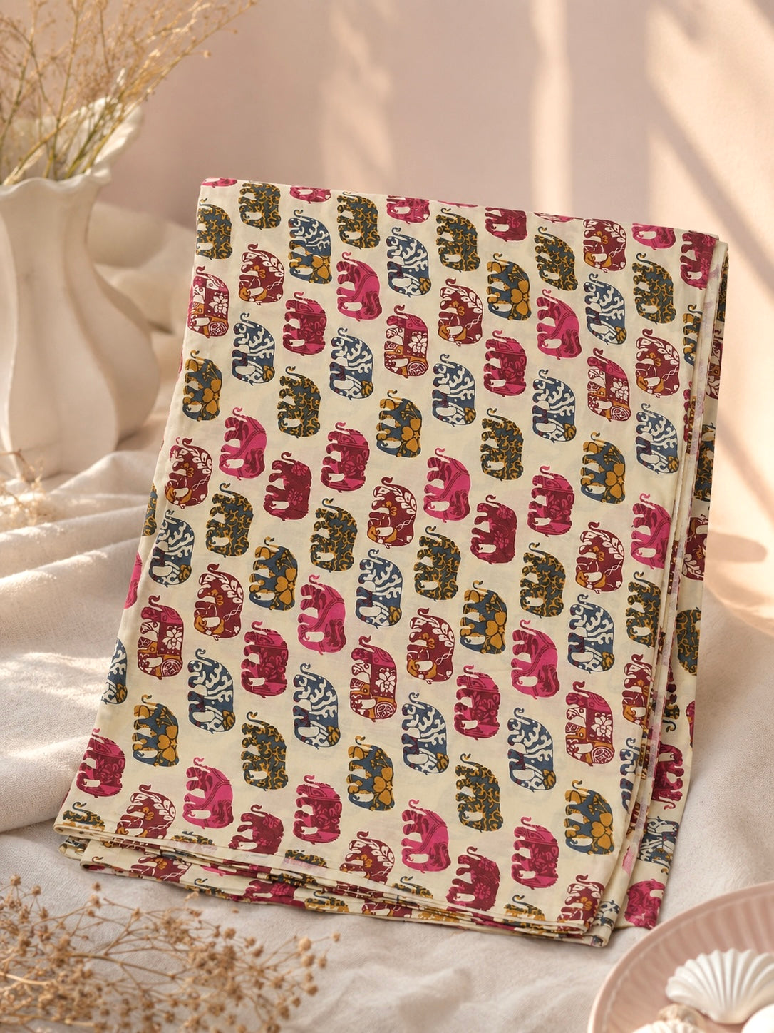 Multicolor Elephant Print Cotton Fabric Cut